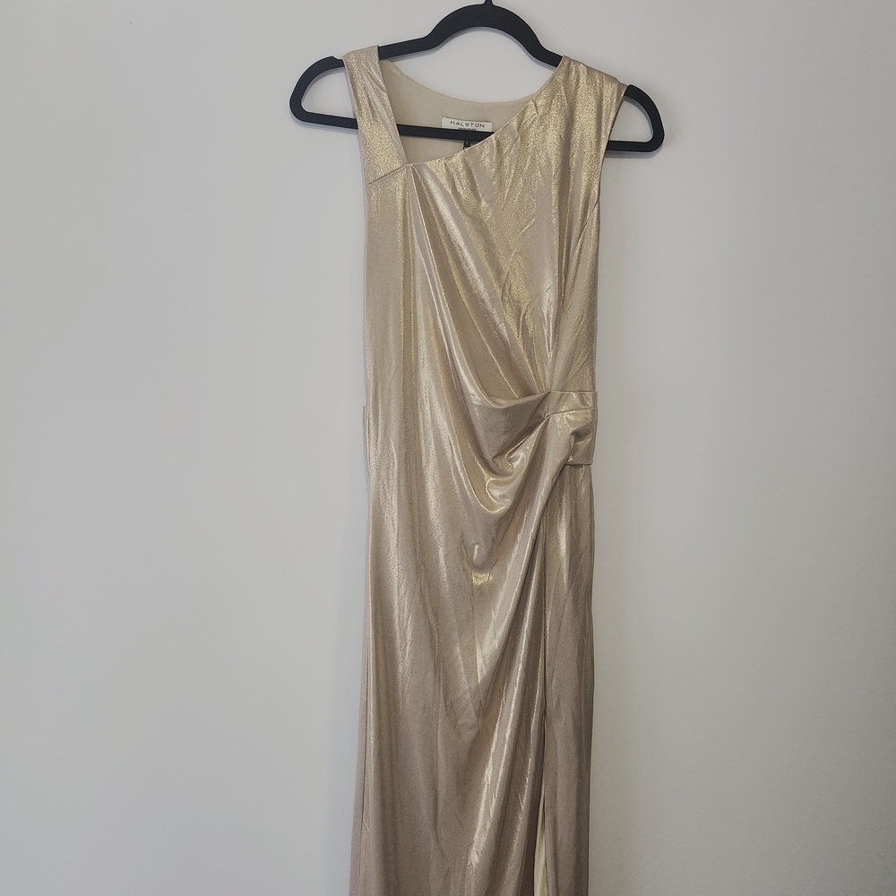 NWT Halston Heritage Gold Metallic Draped Gown Size Small - Picture 2 of 10